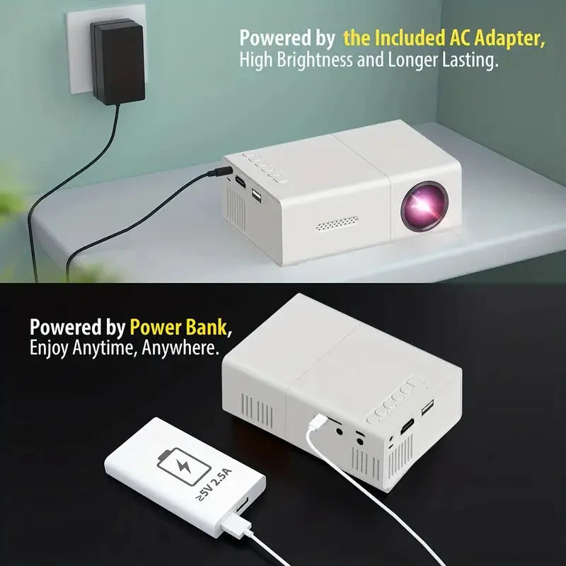 White and black M100 portable LED mini projector with remote control on a table.