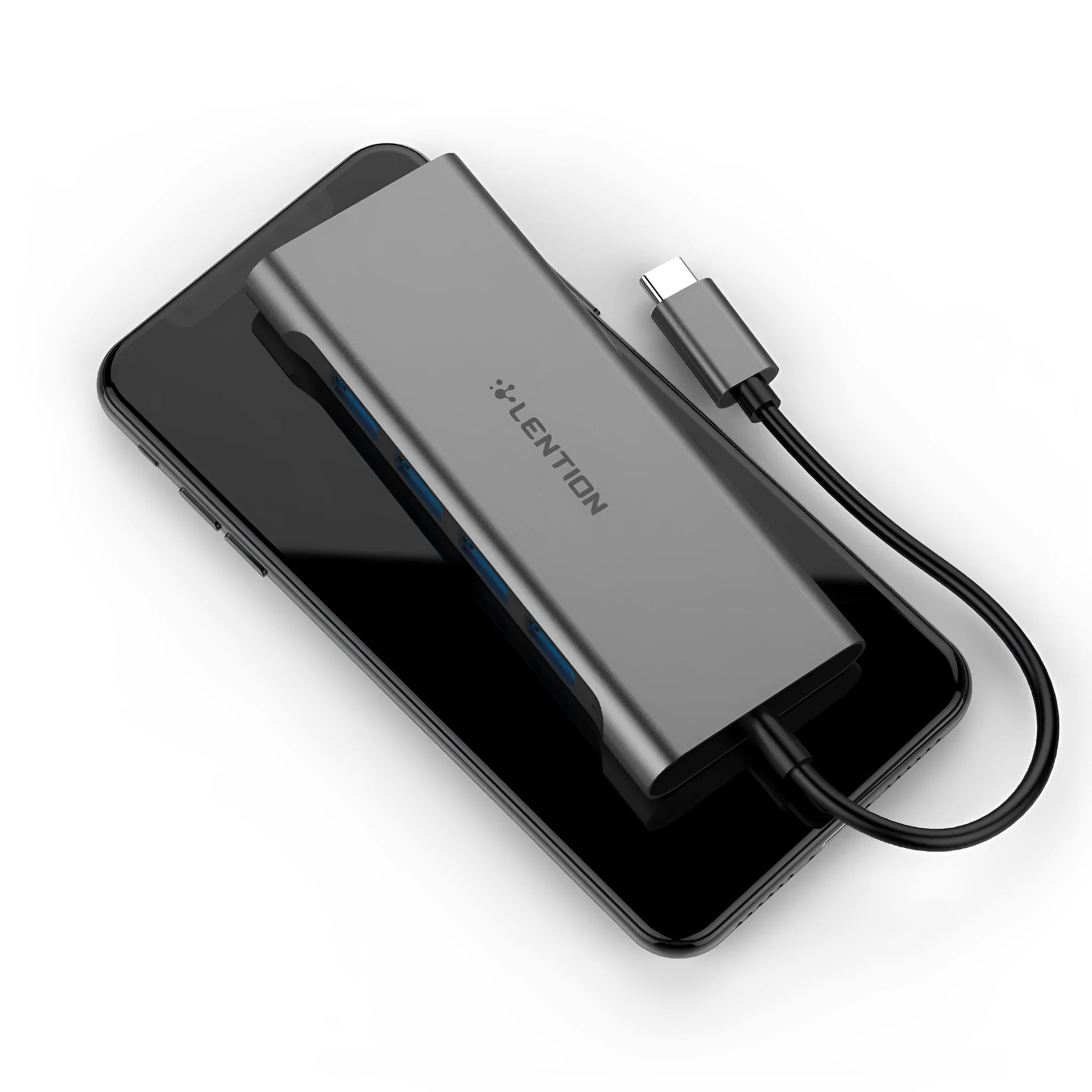 Lansheng USB Type C hub with four USB 3.0 ports and HDMI output in silver on a desk