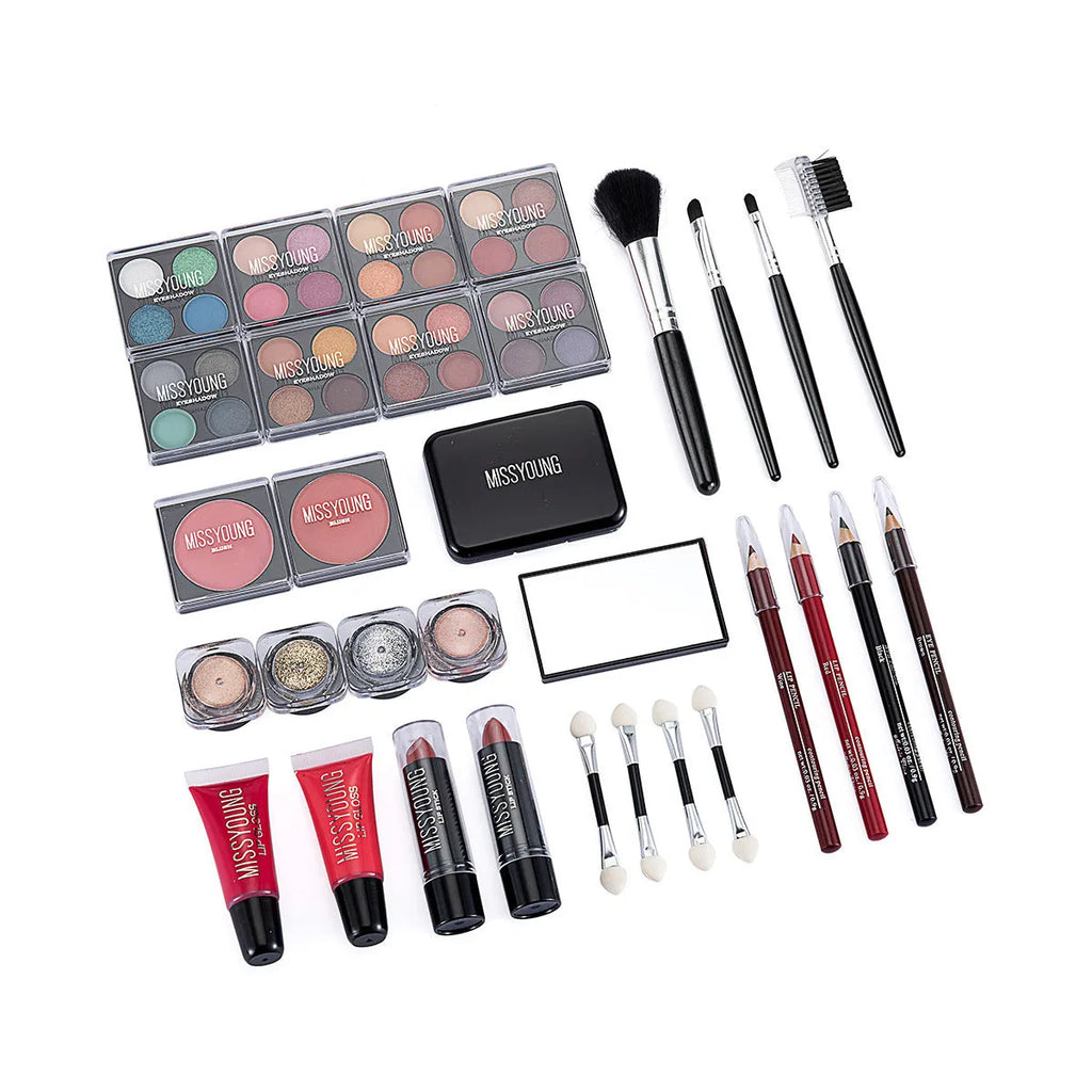 Creative colourful cosmetics set in Pink or Silver, 25 x 16 x 8.5 cm, with lipstick, eye shadow, mascara and brush