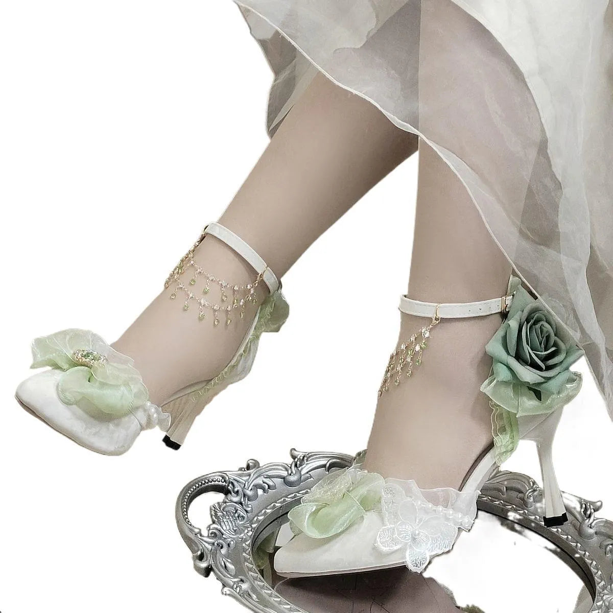 Handmade flower bow PU short stout heel wedding high heels round toe in white