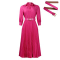 Women's solid colour pleated dress with a detachable belt and 3/4 sleeves, shown in a high waist style.