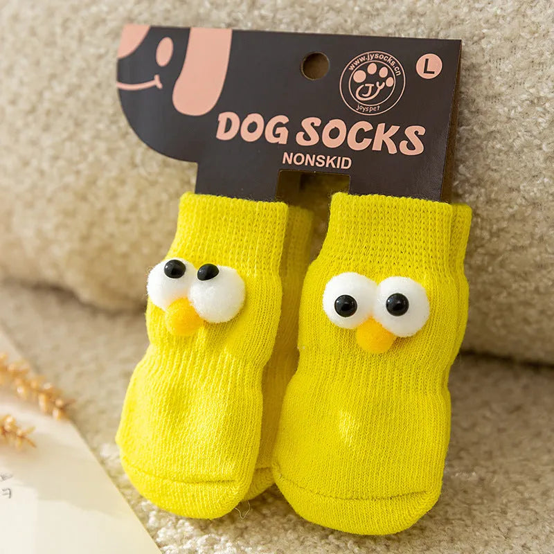 Cartoon big-eyes dog socks with anti-slip particles, cotton blend, green grey purple yellow, sizes S M L