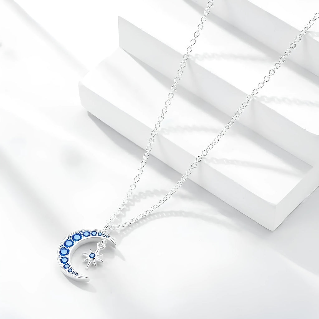 Blue moon pendant necklace in white gold colour with copper geometric moon pendant and O-ring chain, 21-50cm adjustable