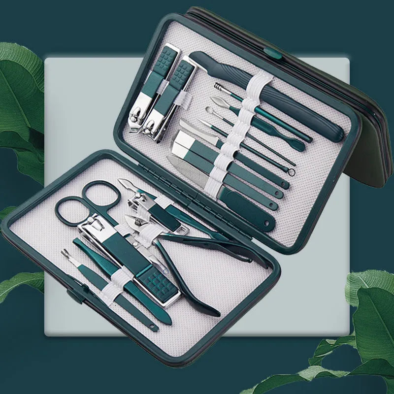 Emerald green pedicure knife nail clippers set box with stainless steel and carbon steel manicure implements in 7 to 18 piece options