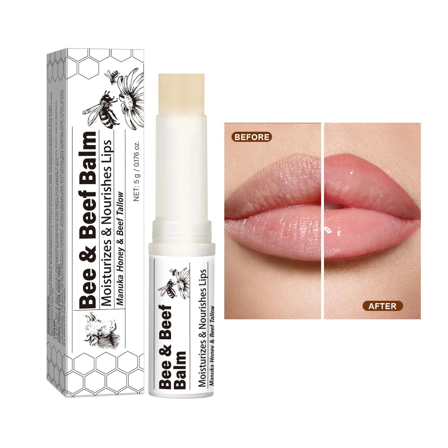 Organic grass-fed beef fat lip balm tube measuring 83mm with 5g content for dry lips