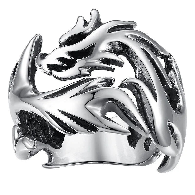 Adjustable Chinese dragon pattern ring in antique silver, blue, and green electroplated metal