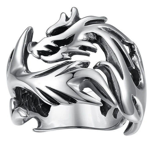 Adjustable Chinese dragon pattern ring in antique silver, blue, and green electroplated metal
