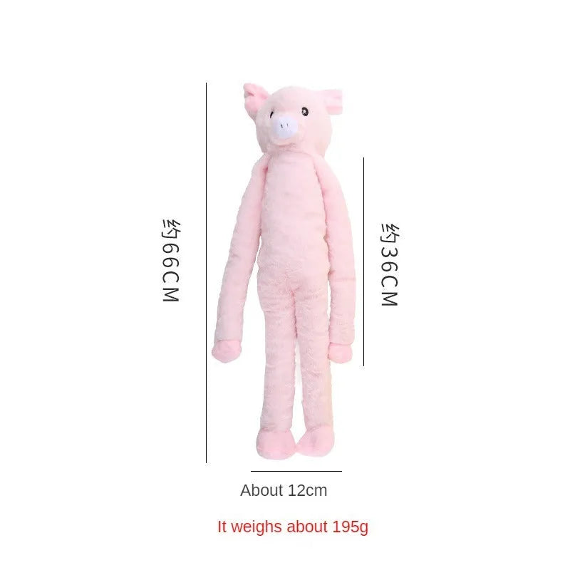 Large pink and yellow plush dog toy with interactive rattle and crinkle paper sound features