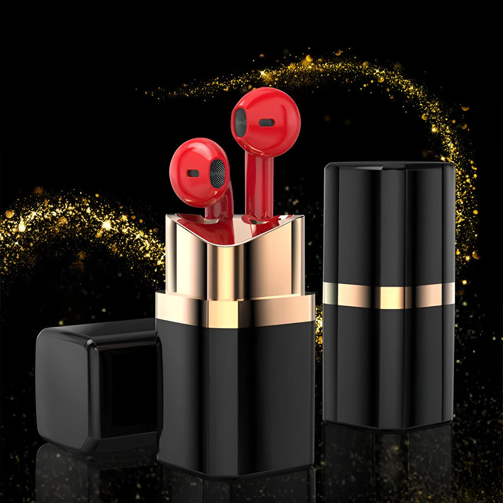 Fashion lipstick case open to show black Bluetooth earbuds with in-ear design.