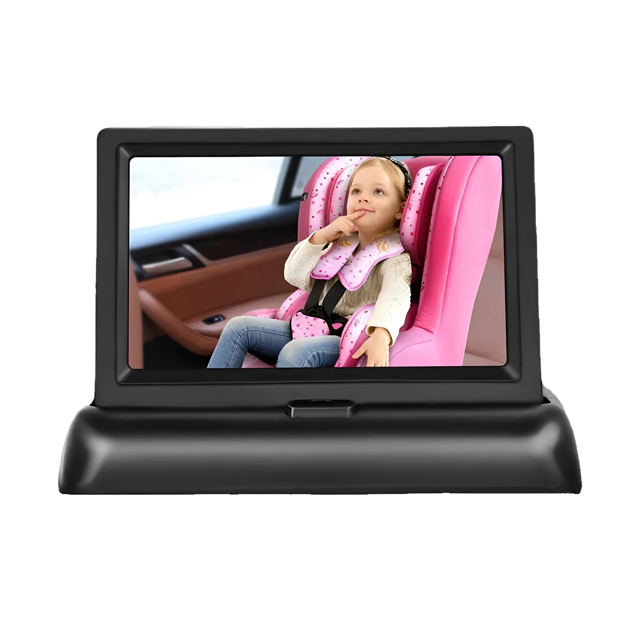 Black folding car baby monitor with 4.3-inch screen and 6m camera for 12-24V vehicles