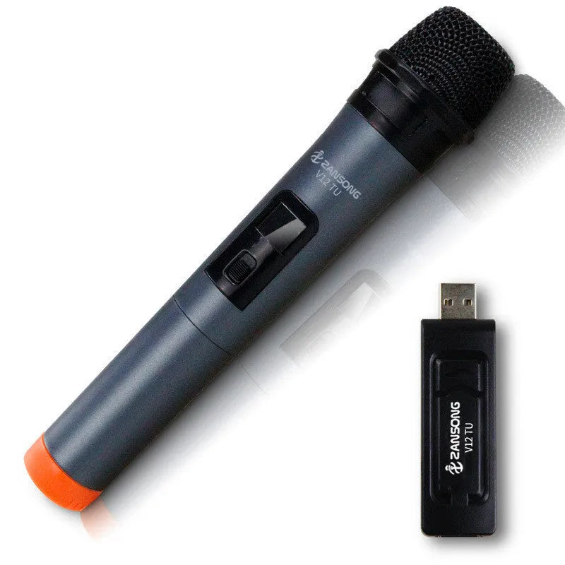 Black ZANSONG V12 wired dynamic handheld microphone with USB receiver and audio cable.
