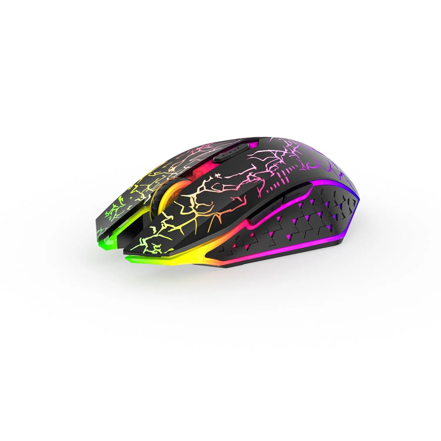 Black and white wireless gaming mouse with RGB lighting on desk with charging cable