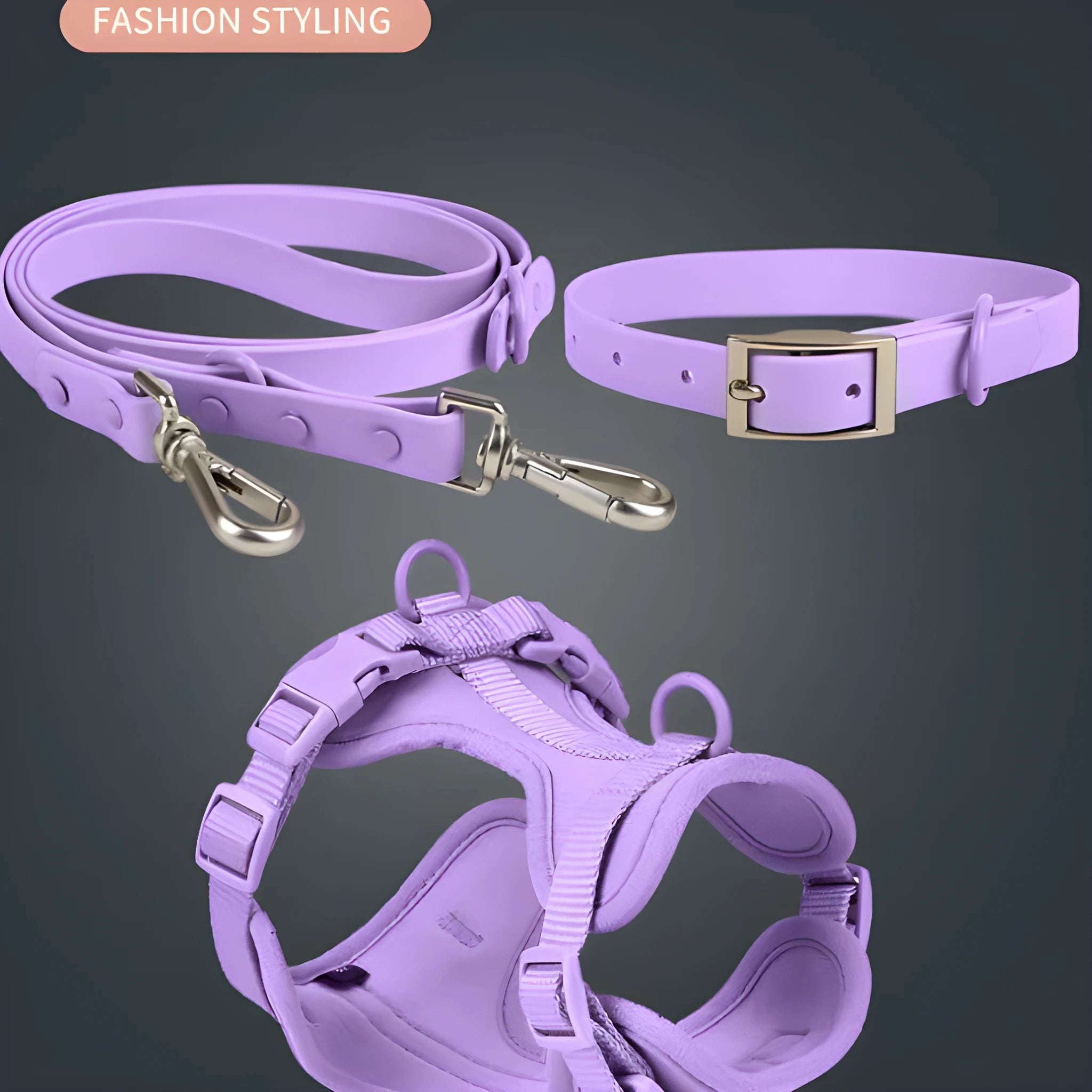 Dog tactical chest back collar set in PVC material with traction rope and harness, available in multiple colours