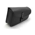 Black PU leather motorcycle swingarm bag mounted on bike showing dimensions and storage capacity