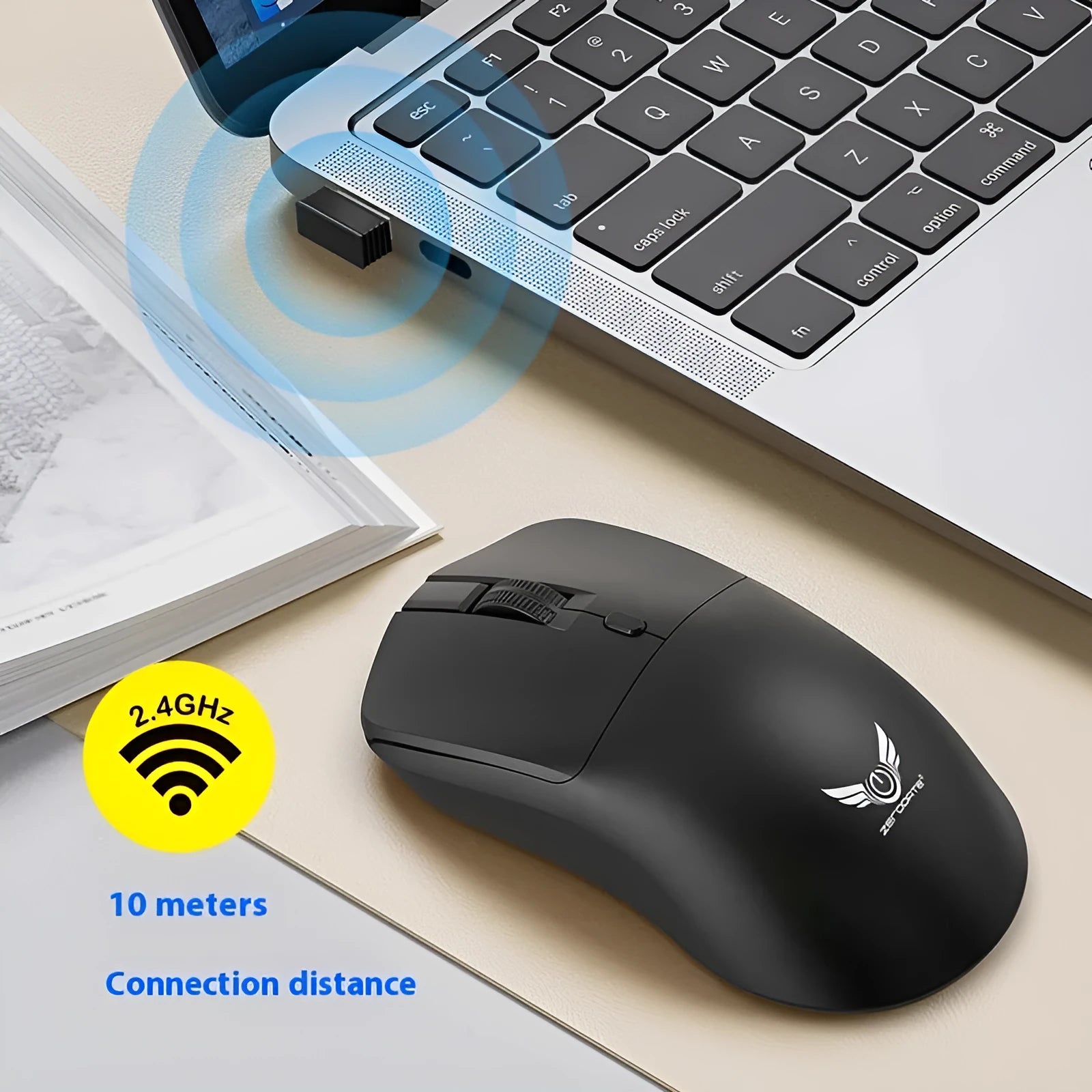 Black wireless computer mouse with three-gear audio button, photoelectric sensor, and battery compartment
