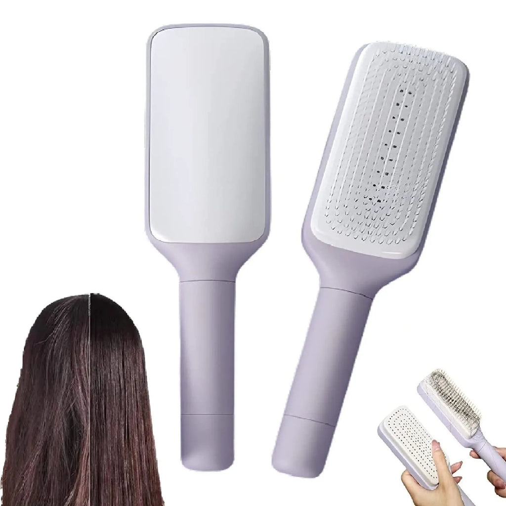 Roland purple self-cleaning hair brush with rotating telescopic handle and anti-static bristles.