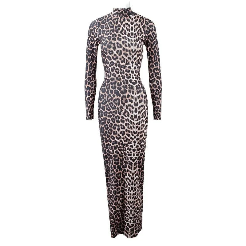 Leopard print women's long dress with stand collar and long sleeves.