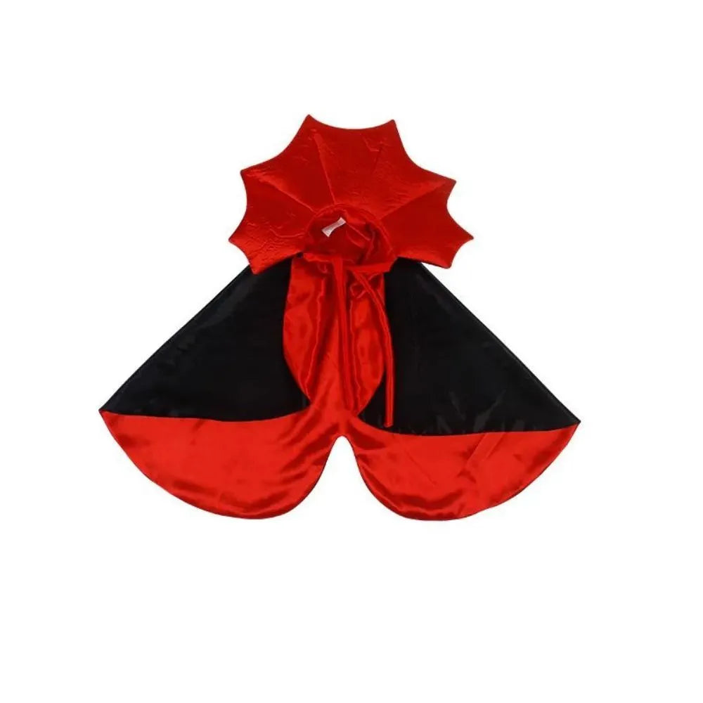 Small black pet vampire cloak costume for dog or cat on hanger with S M L size tags.