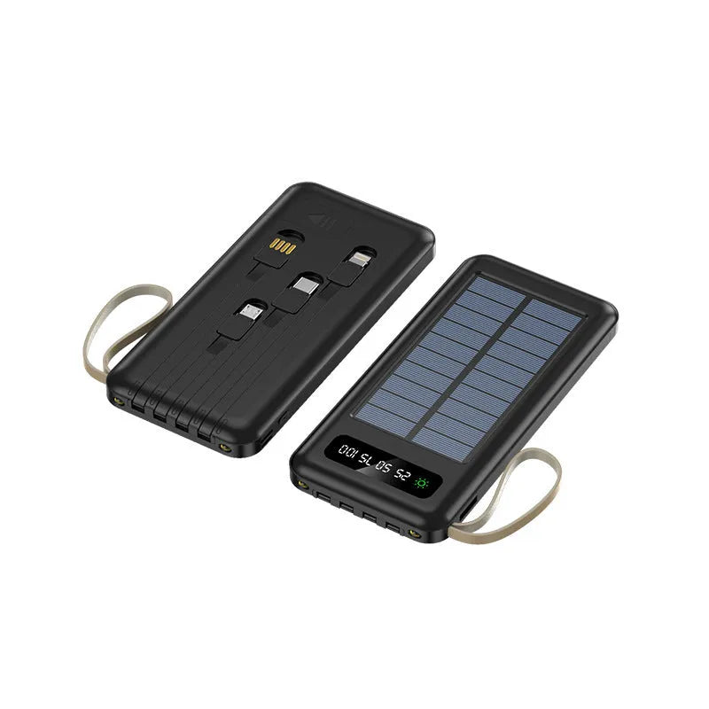 Cool black and ivory white solar power bank with integrated solar panel and multi-interface charging cable