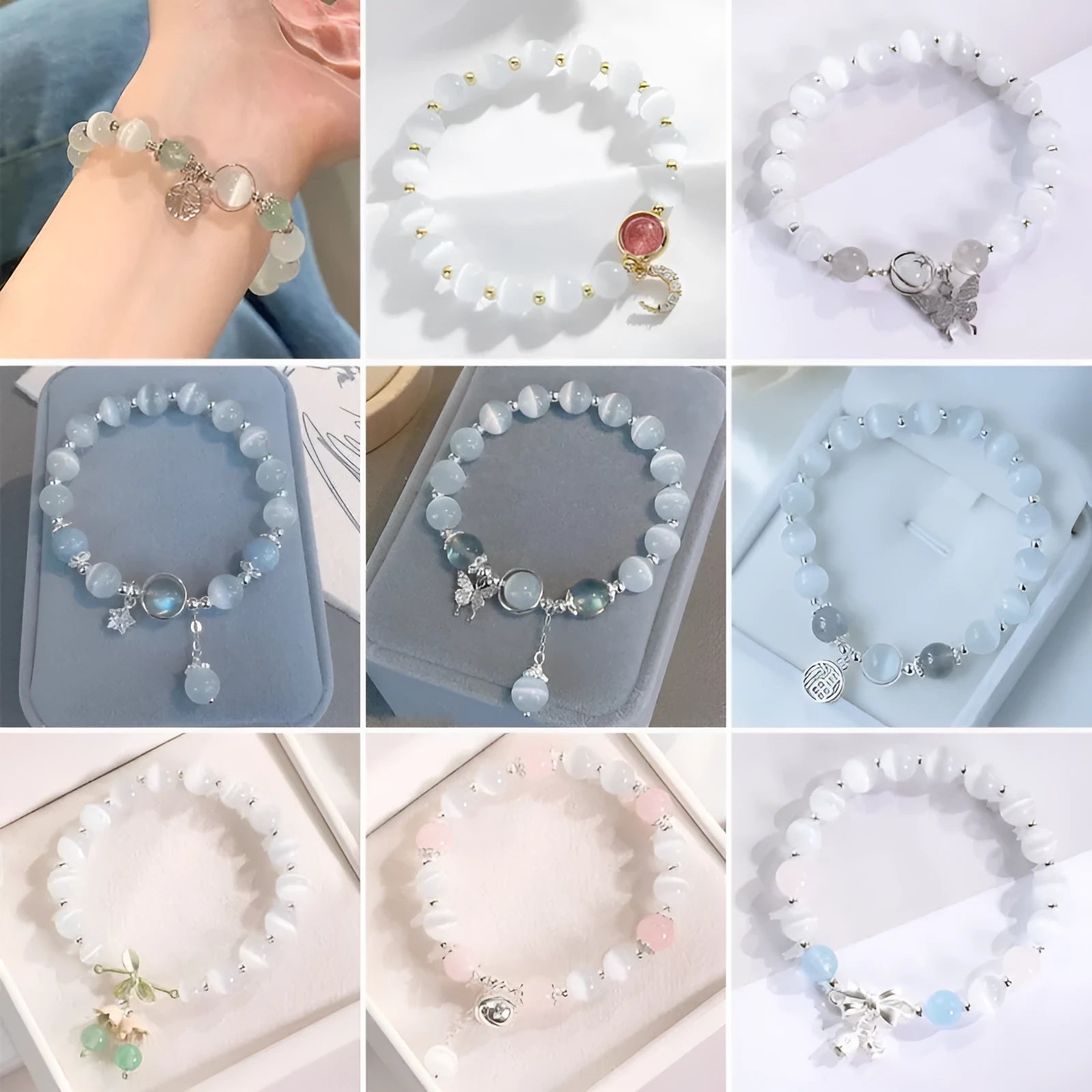 Electroplated opal cat's eye stone beaded bracelet with diamond-shaped beads for women in multiple colour variations