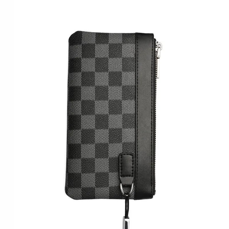 Men's black leather plaid clutch wallet showing 20x10 cm dimensions and cowhide material