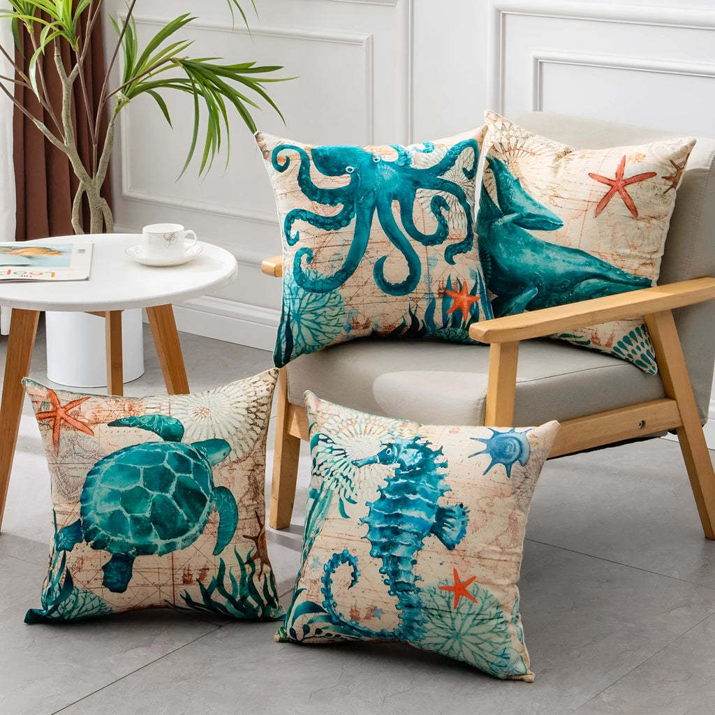 Square linen cushion cover with a colourful high-definition sea turtle print, showing the invisible zipper.