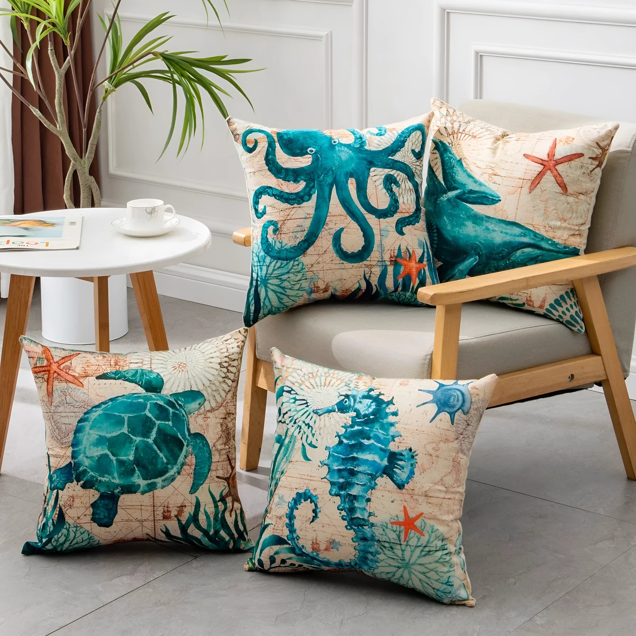 Square linen cushion cover with a colourful high-definition sea turtle print, showing the invisible zipper.