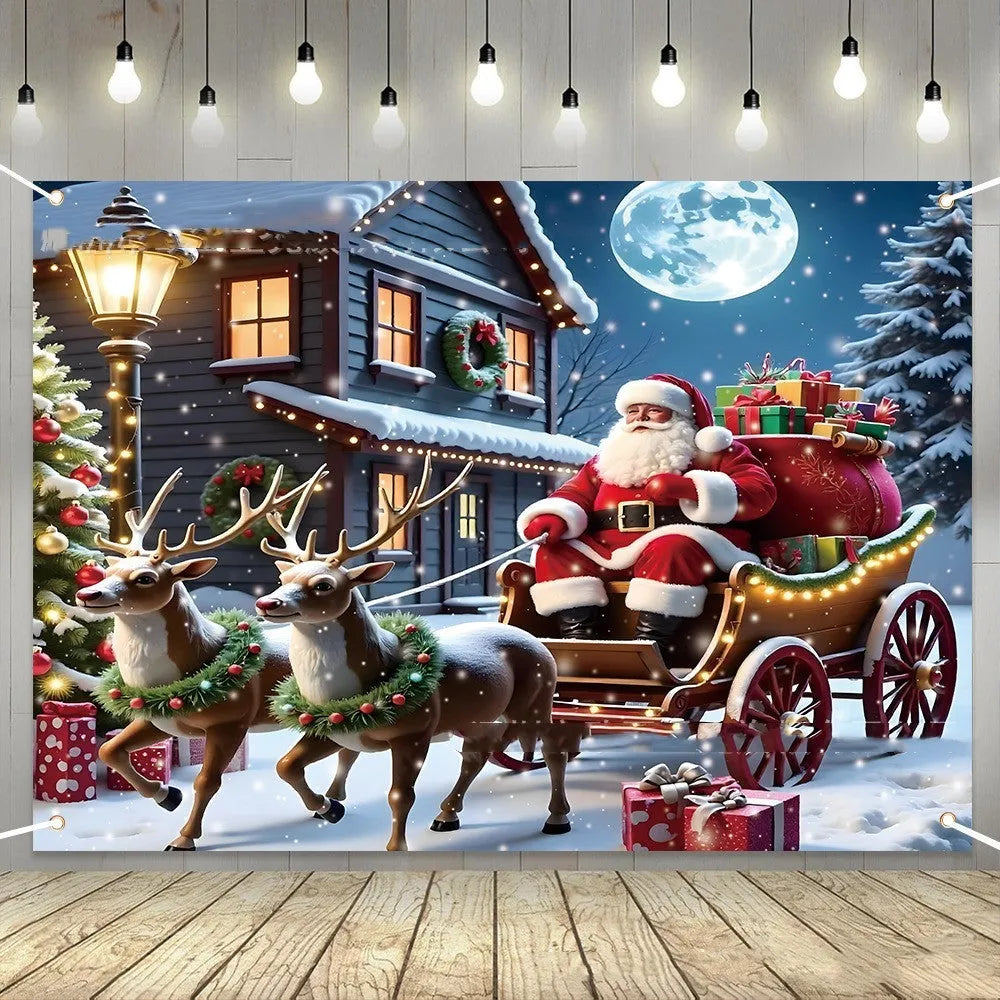 210x150cm Christmas banner with Santa Claus, night scene, and gift motifs printed on polyester fabric