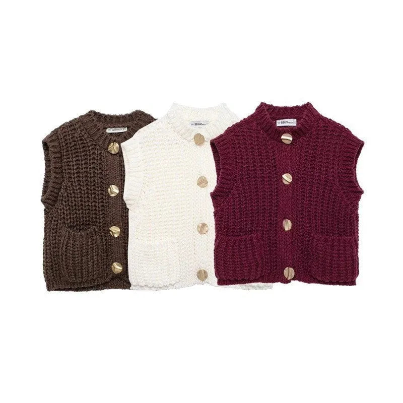 Women's button thick knitted short cardigan in apricot colour, front view, short length