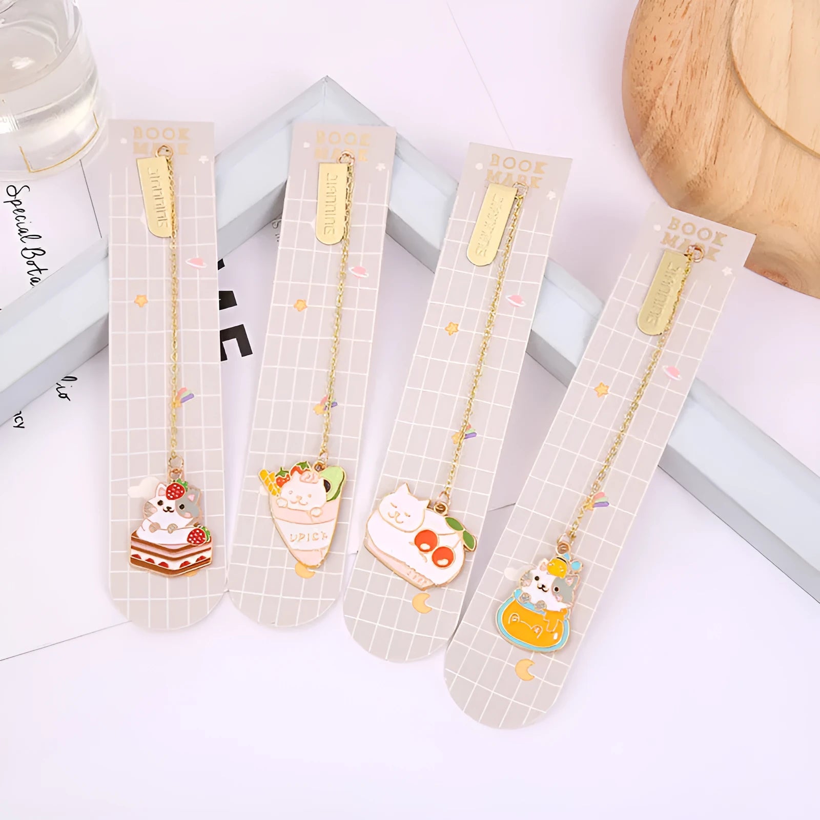 Jane Key Foodie Cute Cat metal bookmark with cartoon pendant in choice of four colour styles.