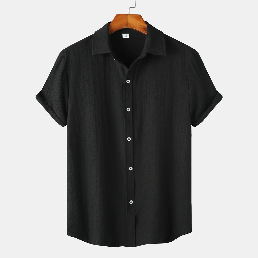 Men's casual short-sleeved polyester shirt in cardigan style showing colour options and extended sizing