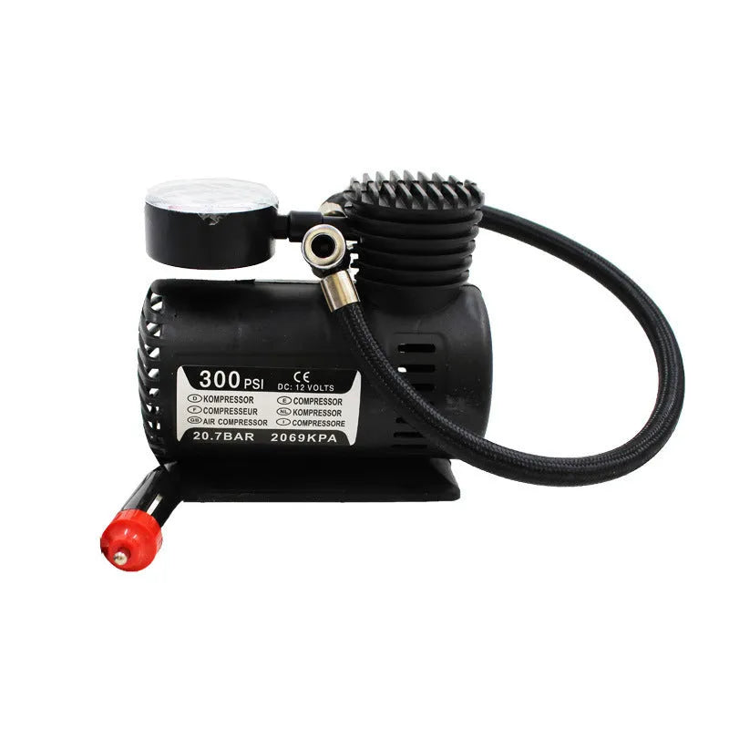 Black 12V mini portable car tyre air pump with dimensions 13.5 by 12 by 7 centimetres.
