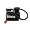 Black 12V mini portable car tyre air pump with dimensions 13.5 by 12 by 7 centimetres.