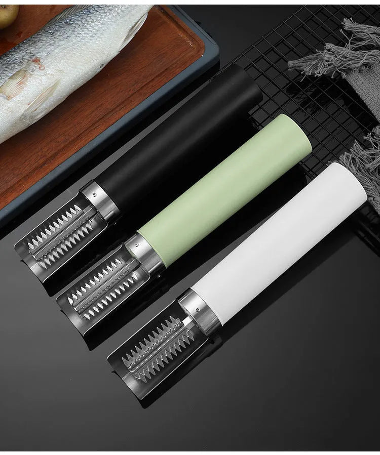 Handheld rechargeable electric fish scaler with 125W motor and seven-level waterproof specification, shown in white, black, or light green.