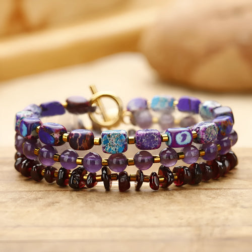Purple amethyst and garnet geometric round beads stone bracelet with manual processing