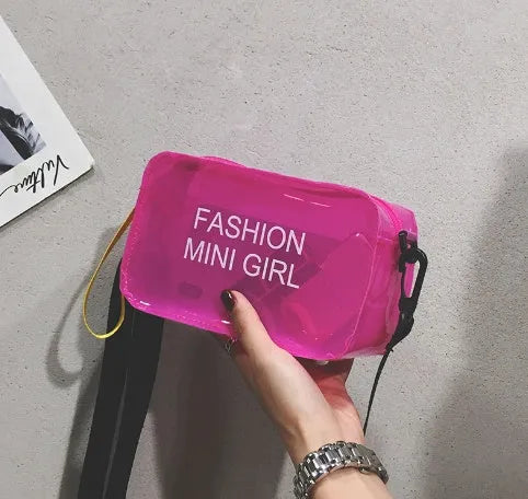 Transparent square jelly shoulder bag in PC material with an adjustable strap, shown in a light colour.