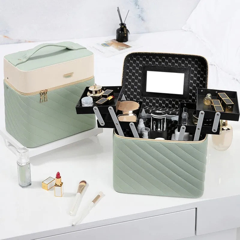 Portable square vertical PU leather cosmetic case and jewellery storage box with hard handle, file bag, and zipper pocket, Black or Pink