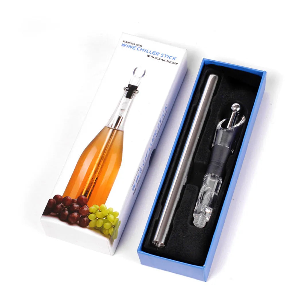 Stainless steel wine chilling rod with integrated drip-free pourer and aerator, shown in silver finish