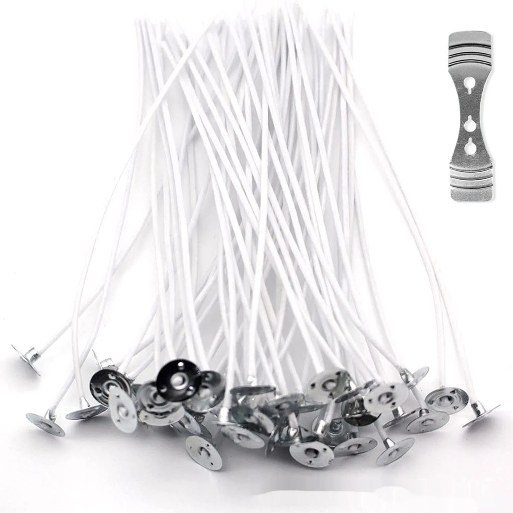 White cotton candle wicks showing tightly woven construction in three lengths: 2.6cm, 6cm, and 8cm