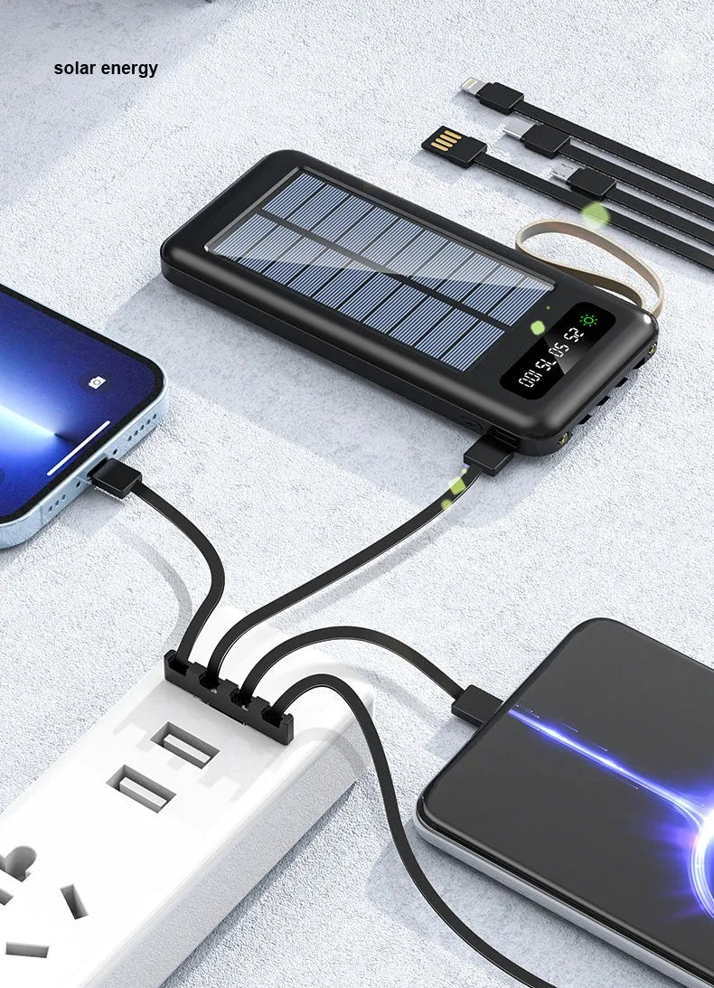 Cool black and ivory white solar power bank with integrated solar panel and multi-interface charging cable