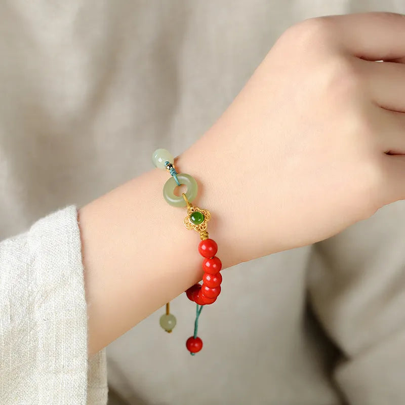Hetian gray jade safety buckle cinnabar bracelet flower shape 8mm women's retro ethnic style