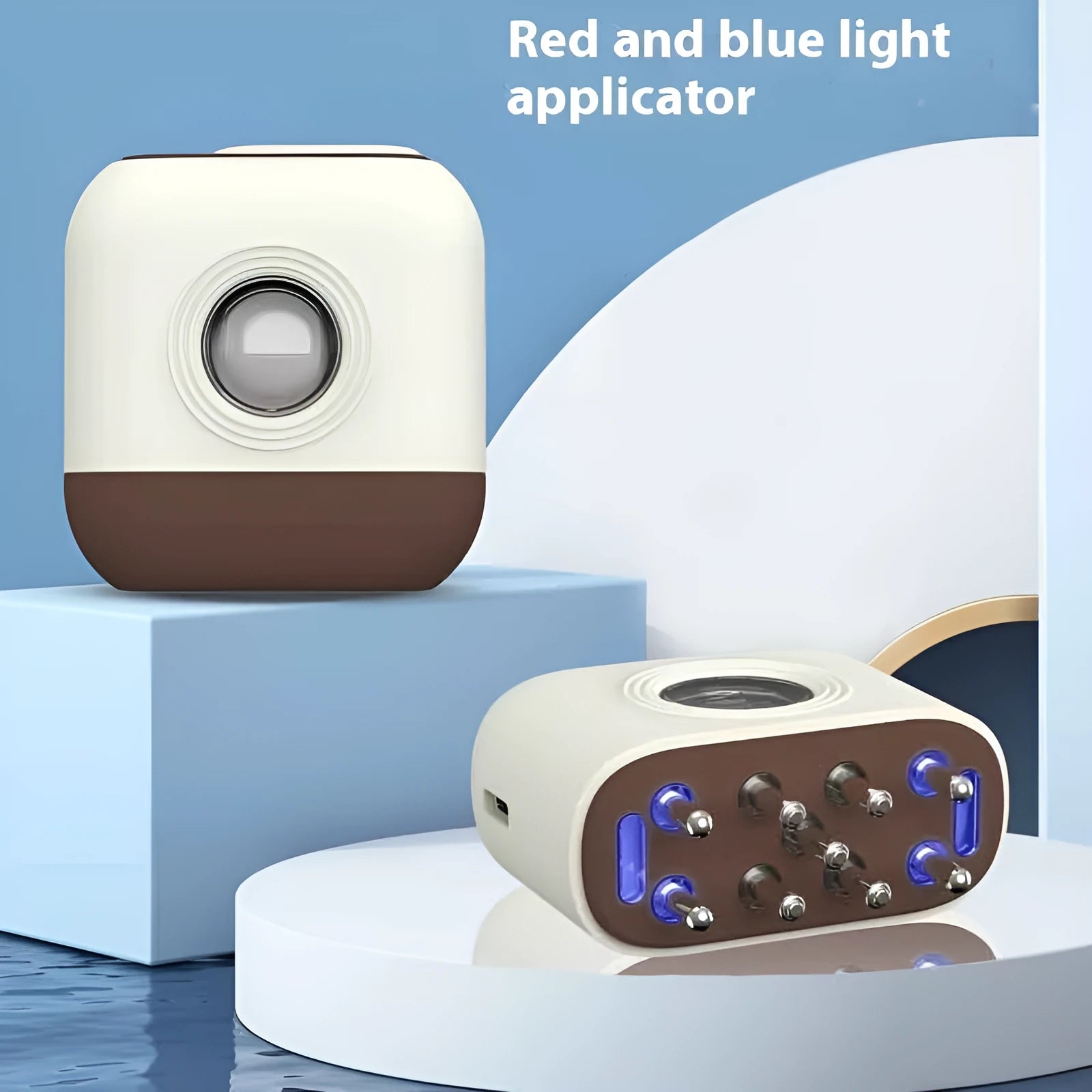 Milky white scalp medicine supplying device with red blue light and micro current, featuring 7ml reservoir and compact dimensions