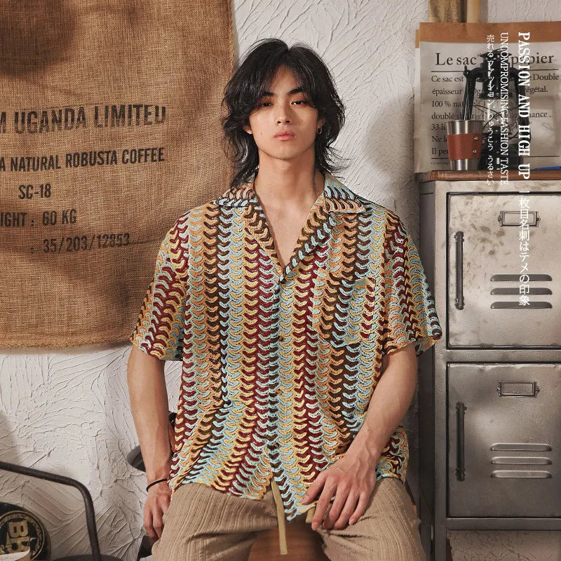 Grey short sleeve shirt with Japanese Cuban collar and hollow jacquard pattern, slim fit for plus sizes.