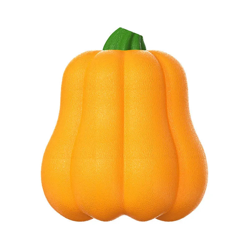 Bite brand orange molar-shaped plastic dog toy with an attached rope handle on a green background.