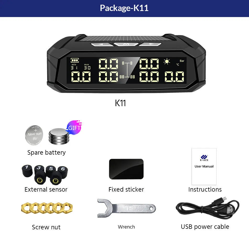 Solar-powered external tyre pressure monitor display unit with colour LCD screen for 6-tire trucks.