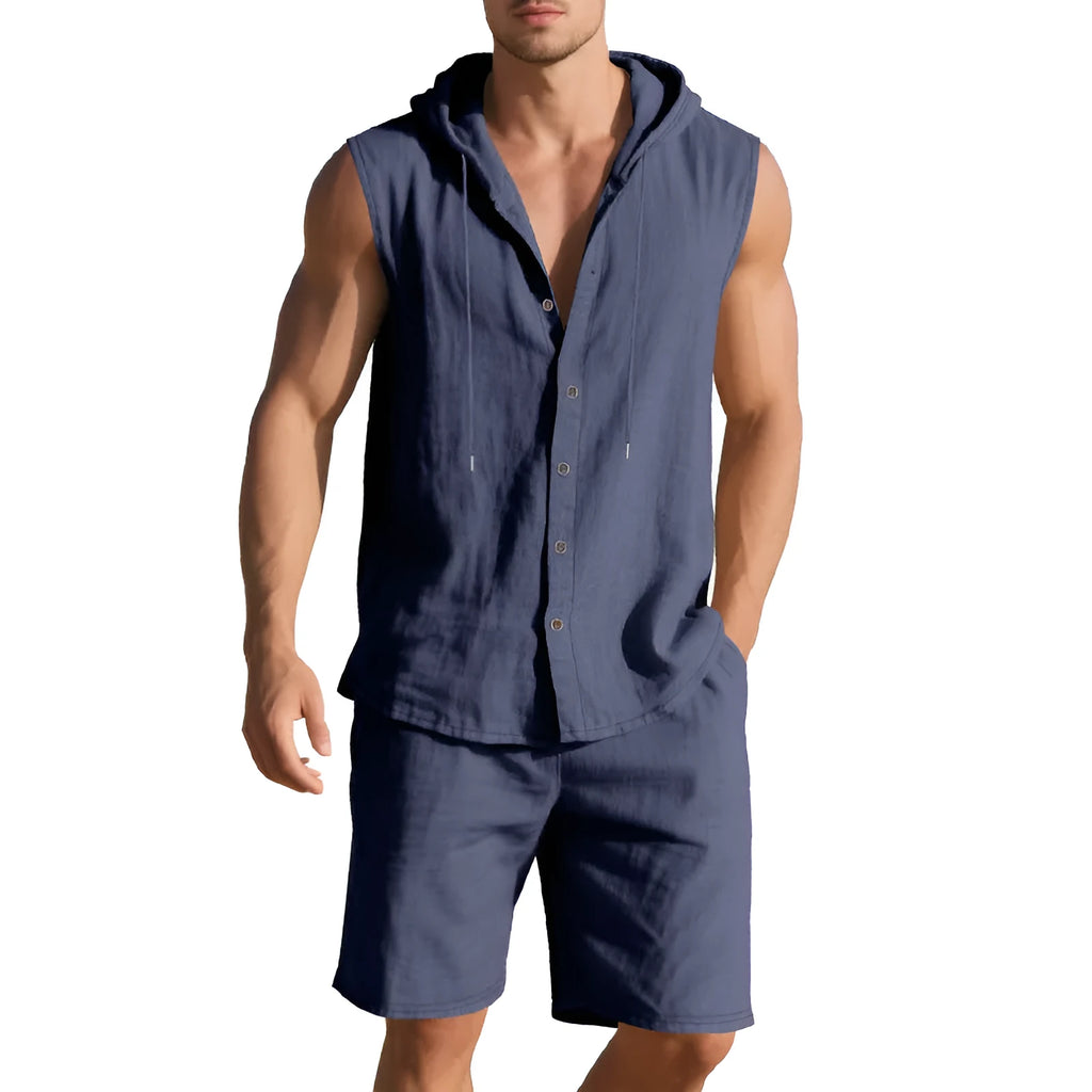 Men's sleeveless linen shirt and matching shorts suit set in light khaki colour