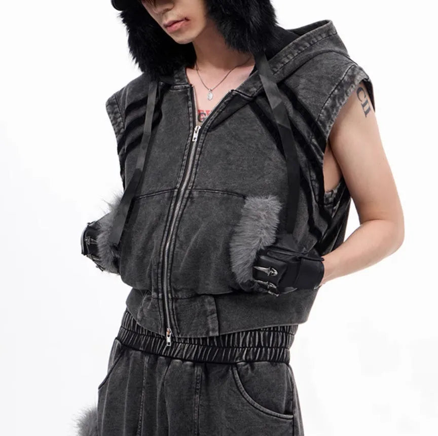 Black and grey stitching fur sleeveless hooded tank top and matching trousers set on a hanger