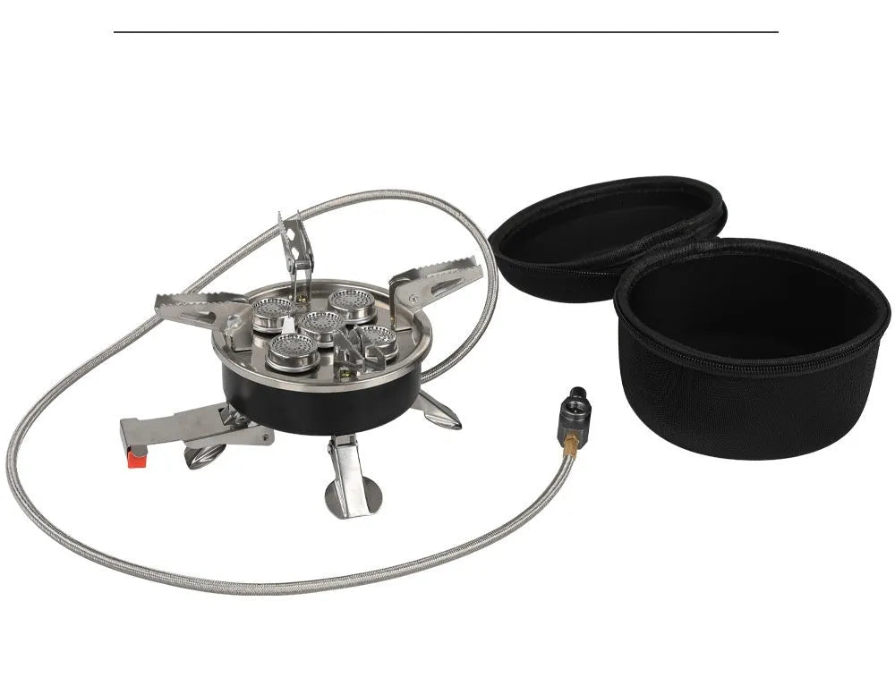 Silver portable split camping stove with fuel hose, shown folded to compact size for transport.