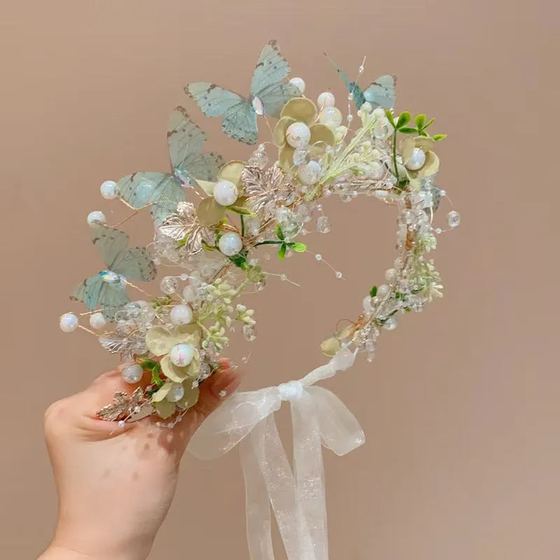 Children's Mori style flower garland headband with lace, shown in blue or pink Super Fairy hair garland design