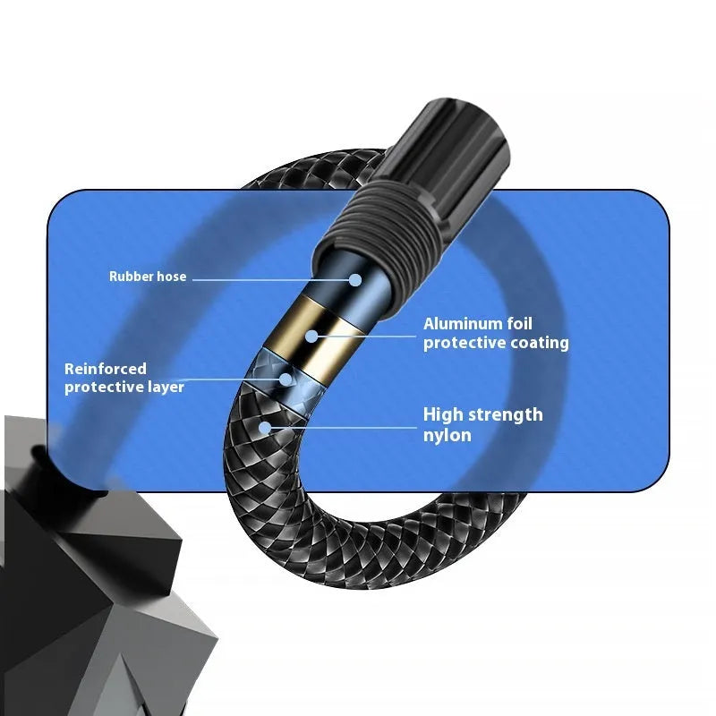 Black portable car tyre inflator with digital display and hose, shown with 12V power plug